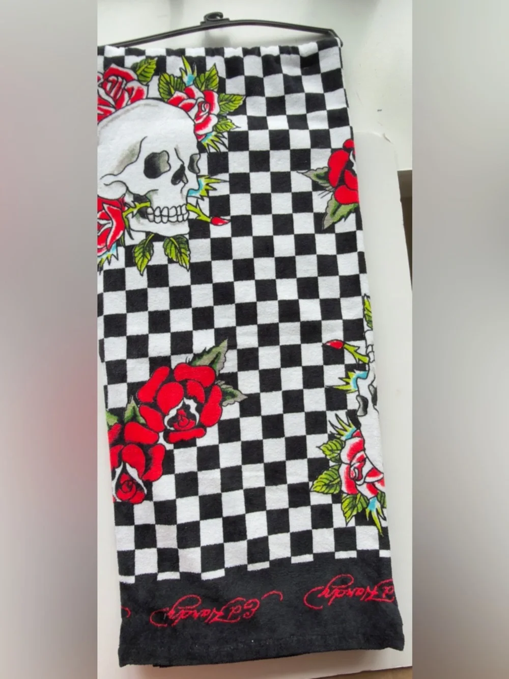 Ed Hardy Black, White & Pink Checkerboard Skull Beach Towel